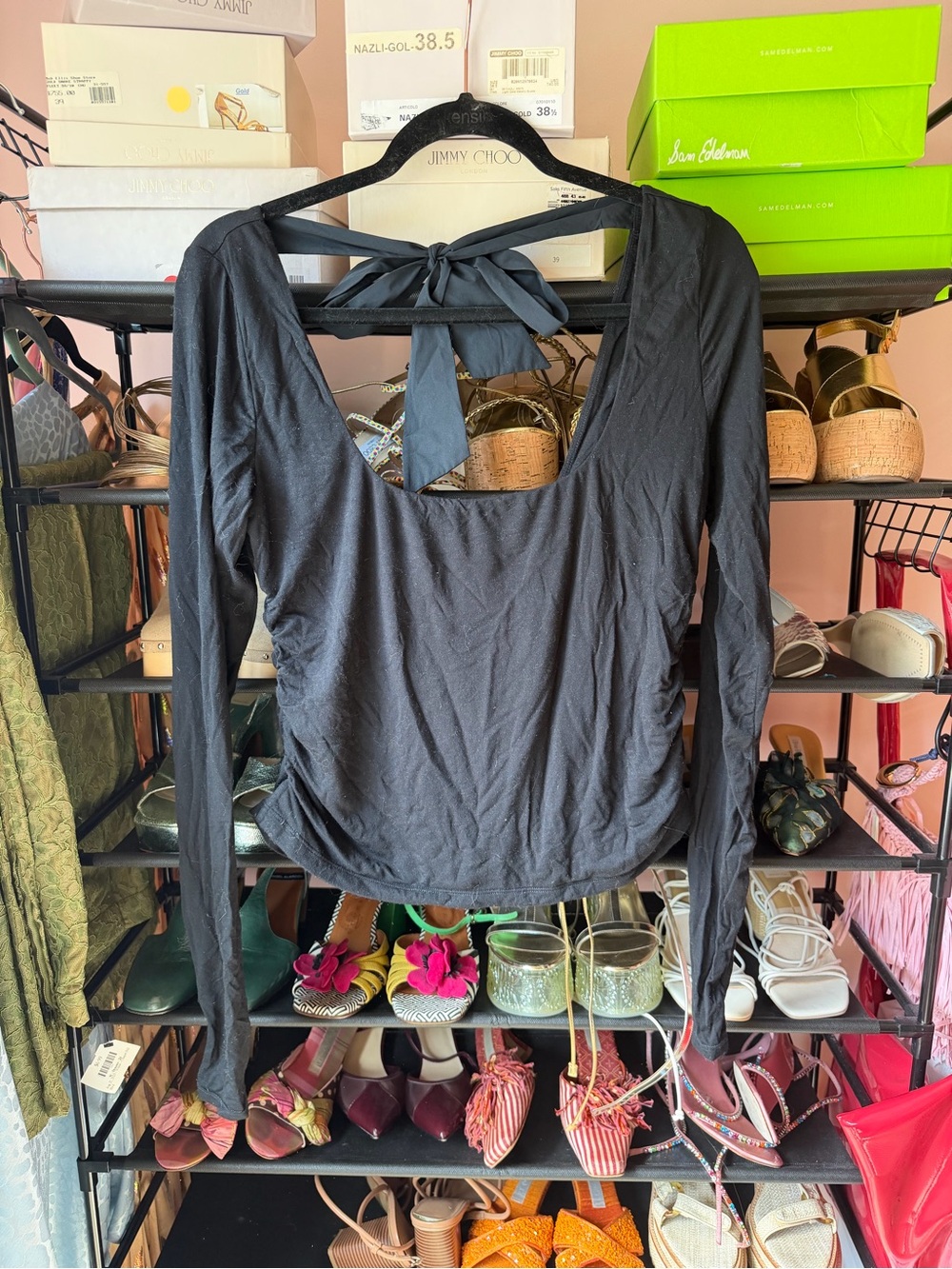 Black Long-Sleeve Tie-Back Women's Top